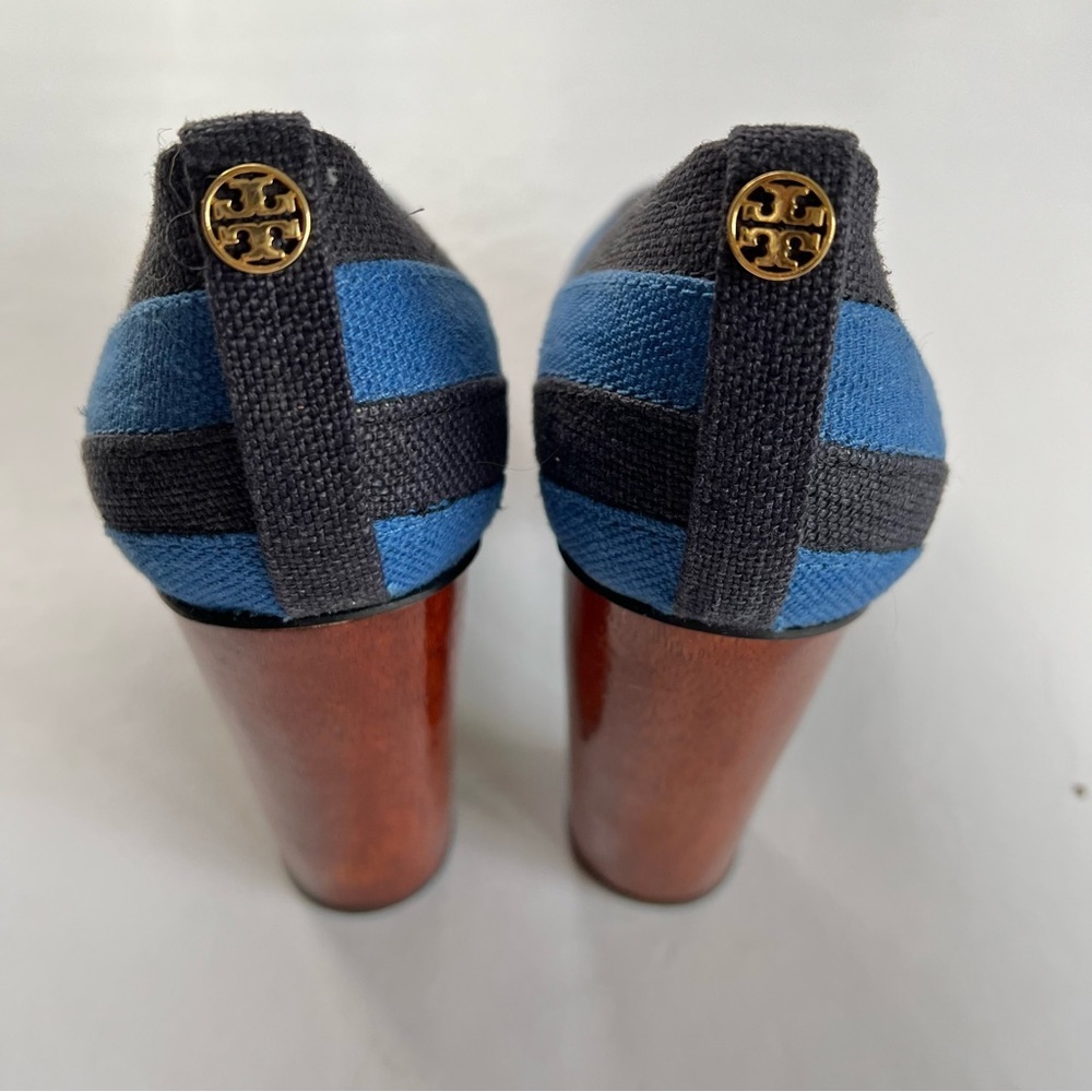 Tory Burch Joelle Blue Striped Wood Platform Wood Heel Fabric Pumps - Picture 5 of 15